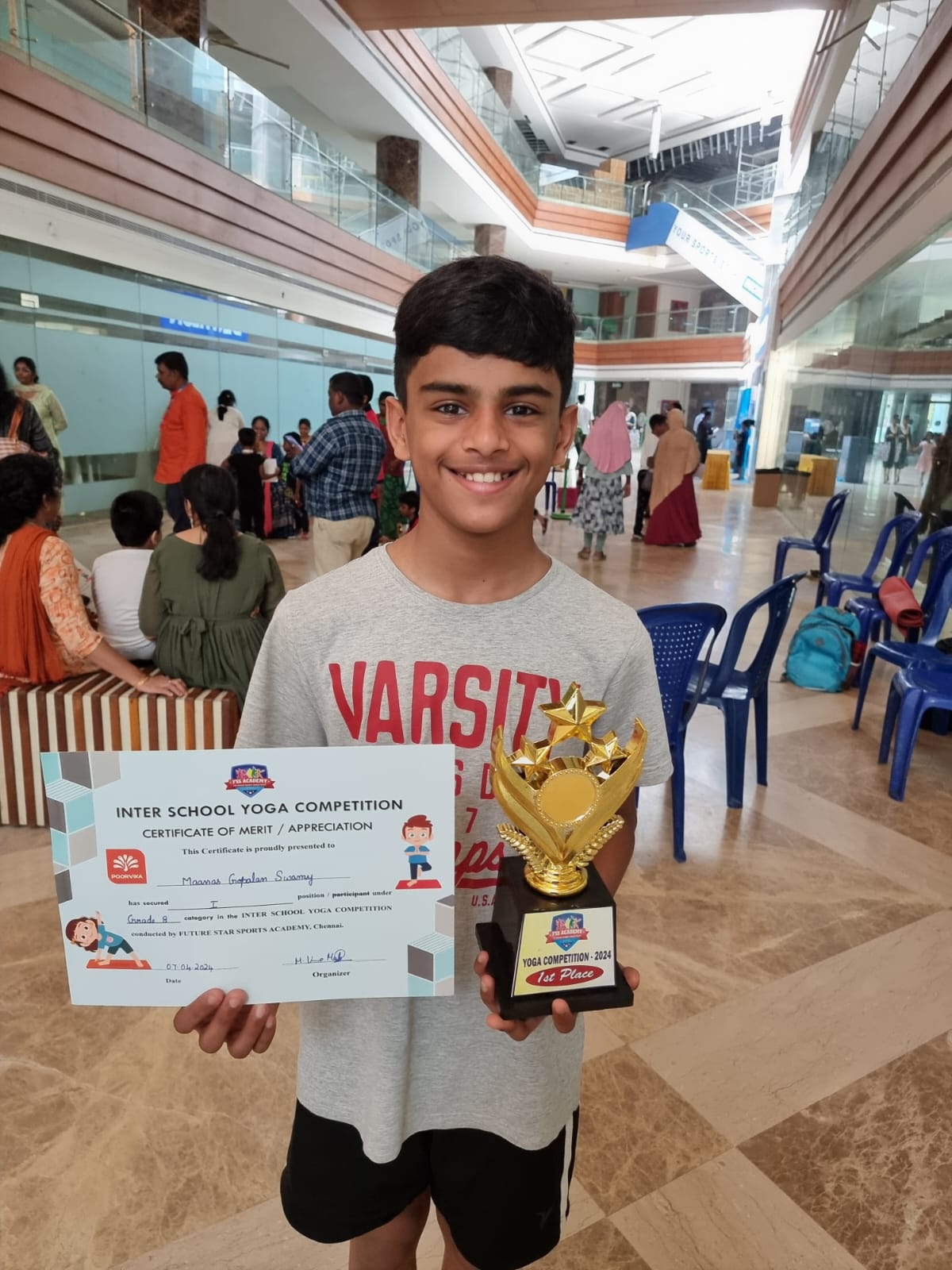 Maanas Gopalan Swamy of Class 8 secured 1st place in the Inter School Yoga Competition conducted by Future Star Sports Academy on  7th April 2024.