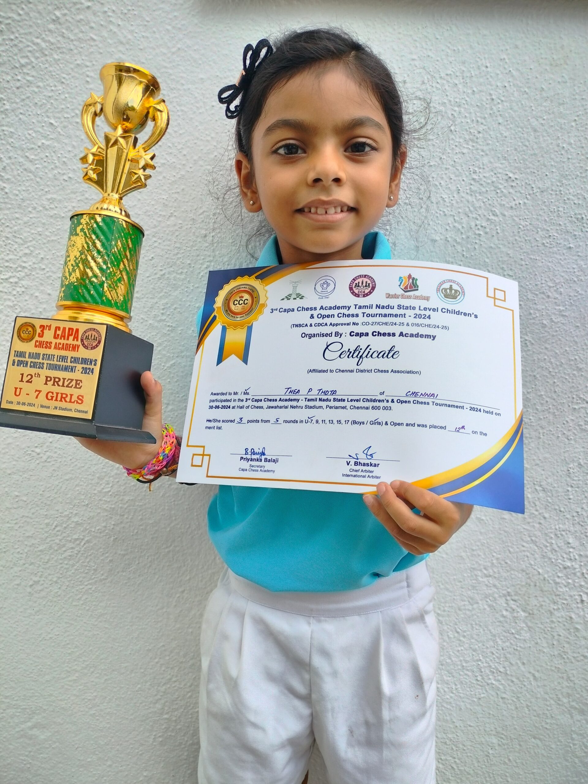 Thea Panchajanyam Thota of Class 1C placed 12th on the merit list in the U-7 Girls Category in the Capa Chess Academy’s Open Chess Tournament held on 30.7.24.