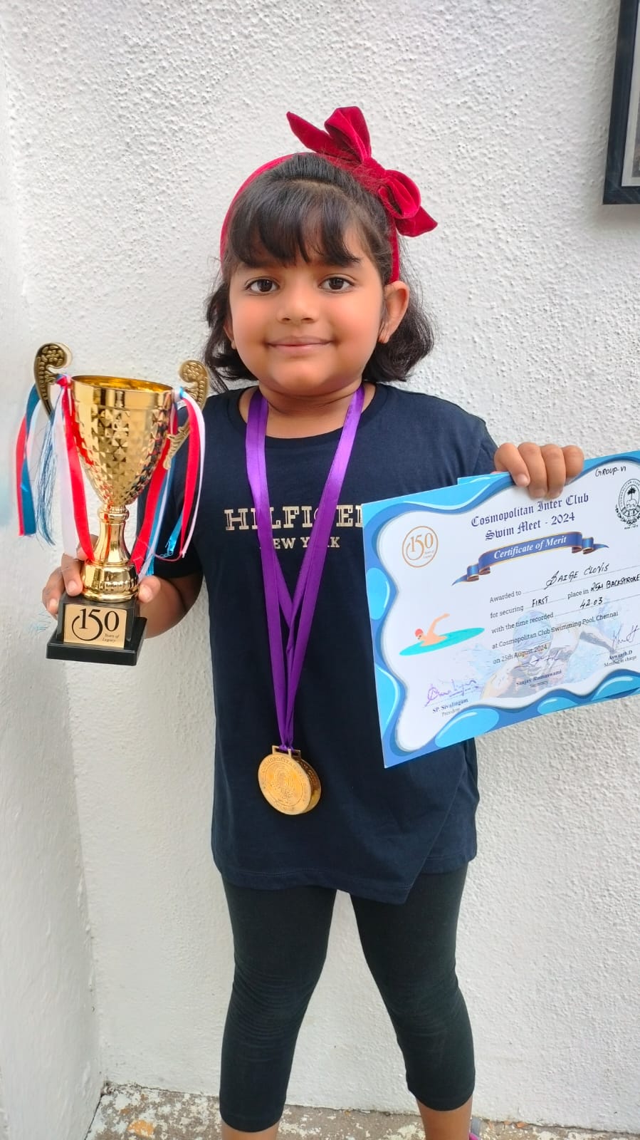 Saige Gavriella Clovis Mascarenhas of class 1 A won 1st in 25m freestyle & 25m backstroke in the girl’s category in the Cosmopolitan Inter Club Swimming Meet 2024 held on 25-8-24.