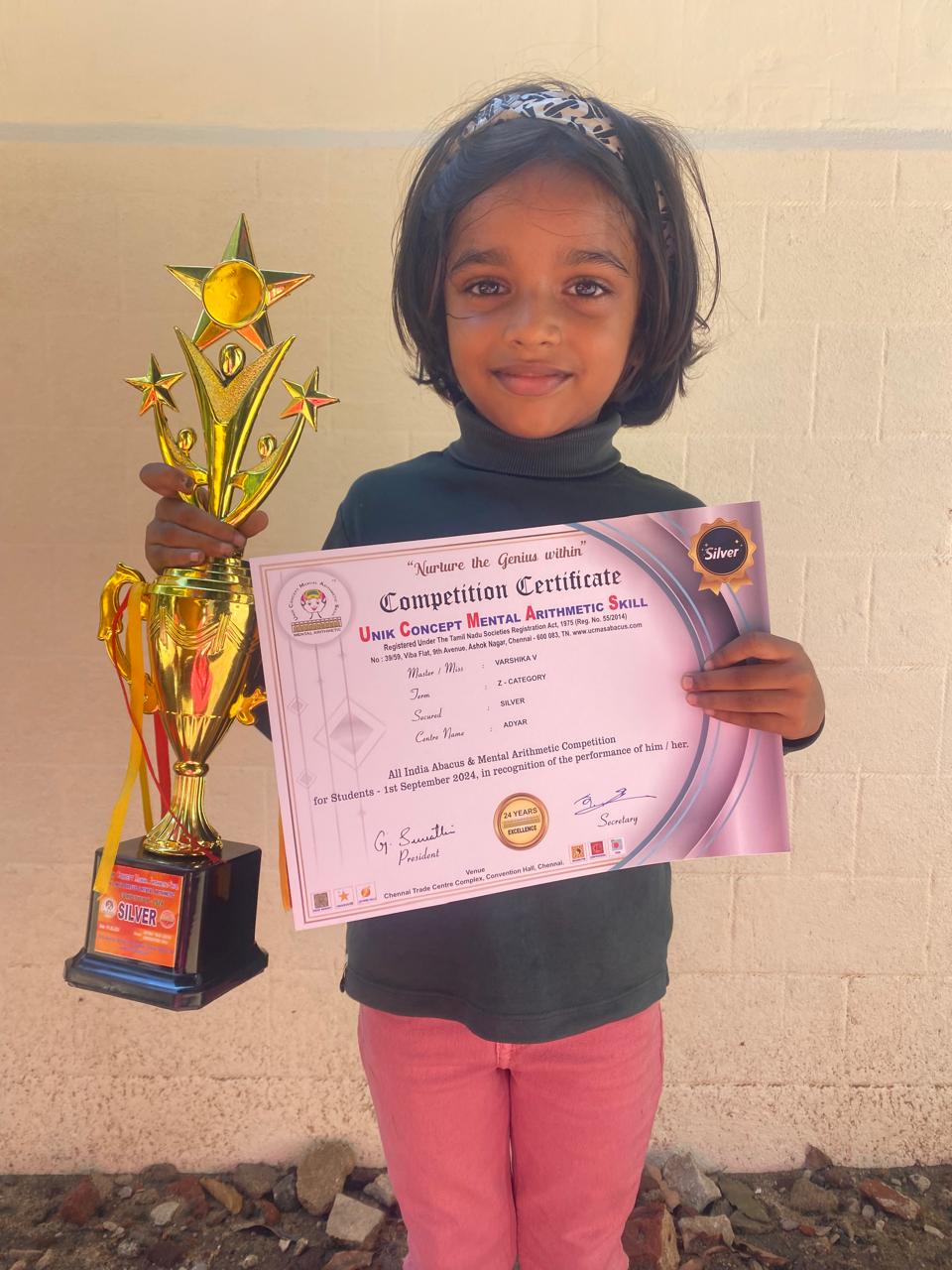 Varshika V of UKG A won Silver in All India Abacus and Mental Arithmetic competition held on 1.09.24