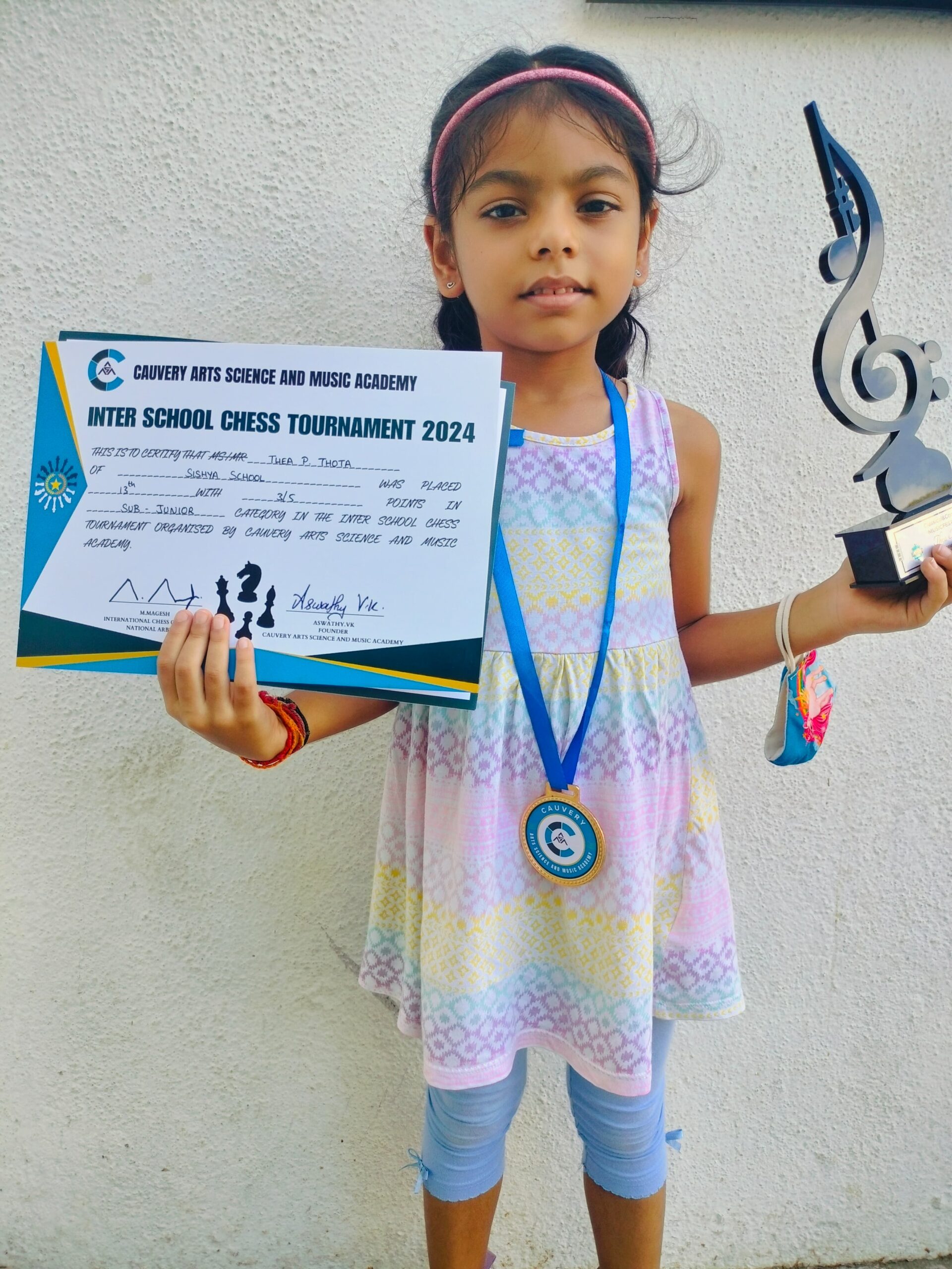 Thea Panchajanyam Thota was placed 13th with 3 out of 5 points in the Sub Junior Category in the Inter School Chess Tournament by Cauvery Arts Science and Music Academy in April 2024.