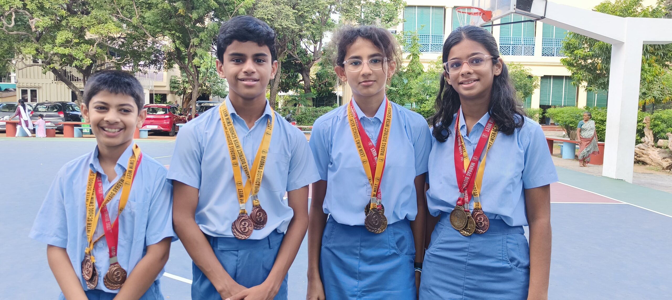 Akshat Bhaiya, Maanas Gopalan Swamy, Kimaya Vishal Parwani & Vaishnavi Krishna won Bronze in the Boys & Girls Mixed Relay Junior in the Interschool Swim Meet at Lady Andal School in the Madras District Aquatic Association on 28-29 Sep 2024.