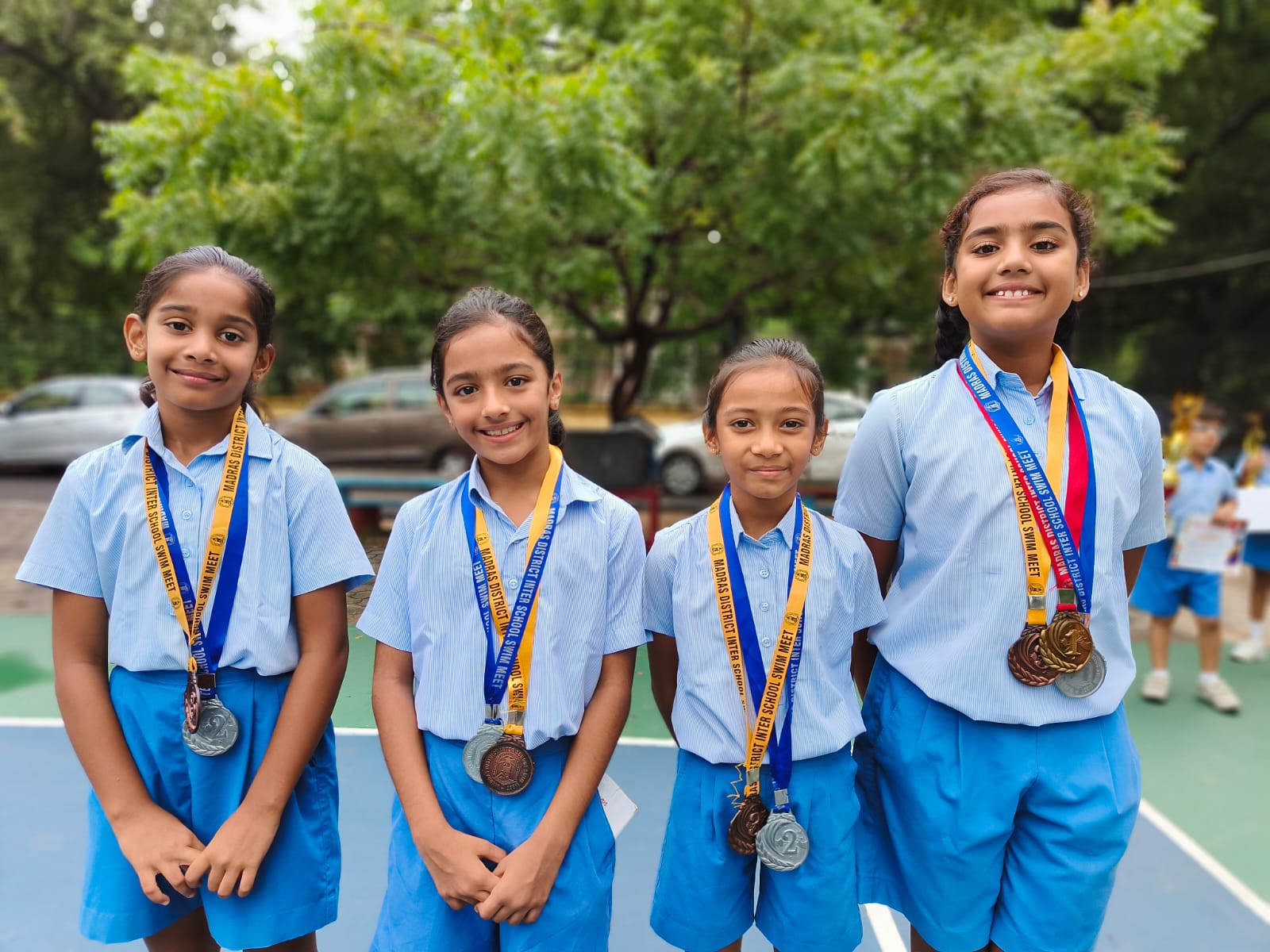 At the Interschool Swim Meet conducted by the Madras District Aquatic Association on Sept 28 and 29, 2024 at Lady Andal School, Pehel Betala, Yashna Bhaiya, Insiya Dhankot & Aadhya Narra won silver in the freestyle Relay and bronze in the Medley Relay.