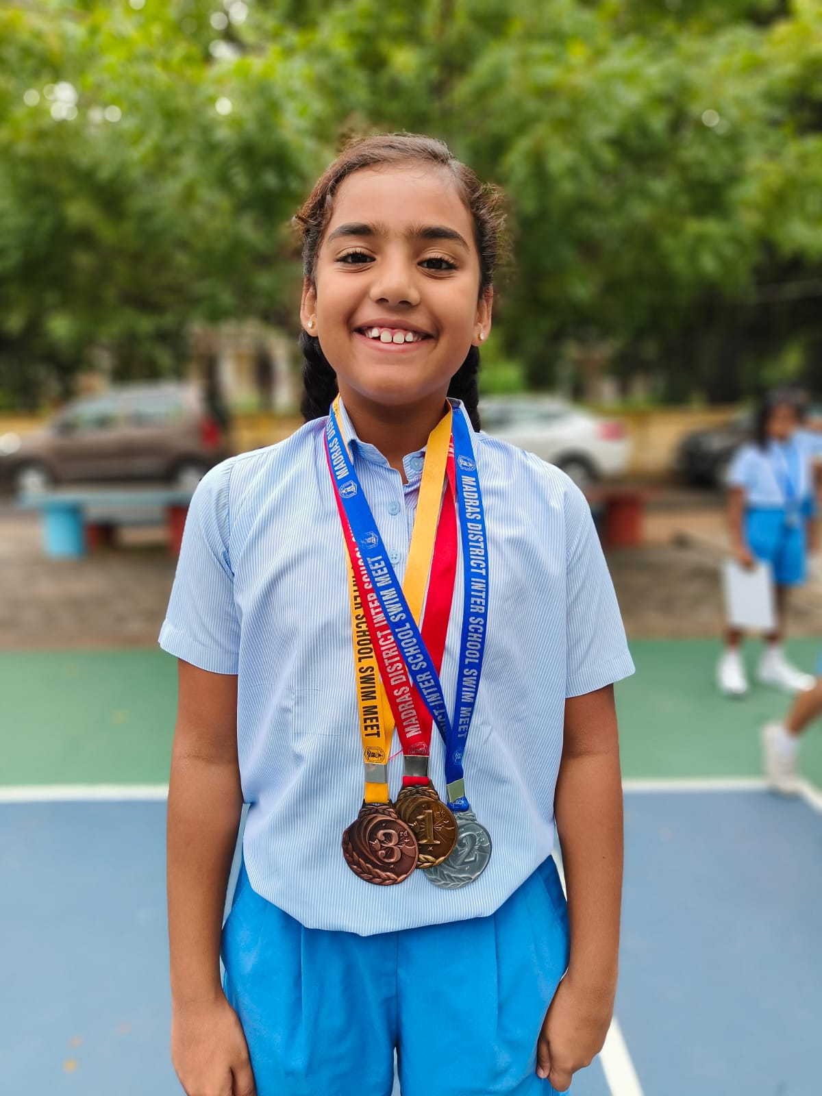 In the 30th Inter School Swimming Meet  conducted by Madras District association on 28th and 29th of September 2024  at Lady Andal School Aadhya Narra won the gold medal in the 50m backstroke.
