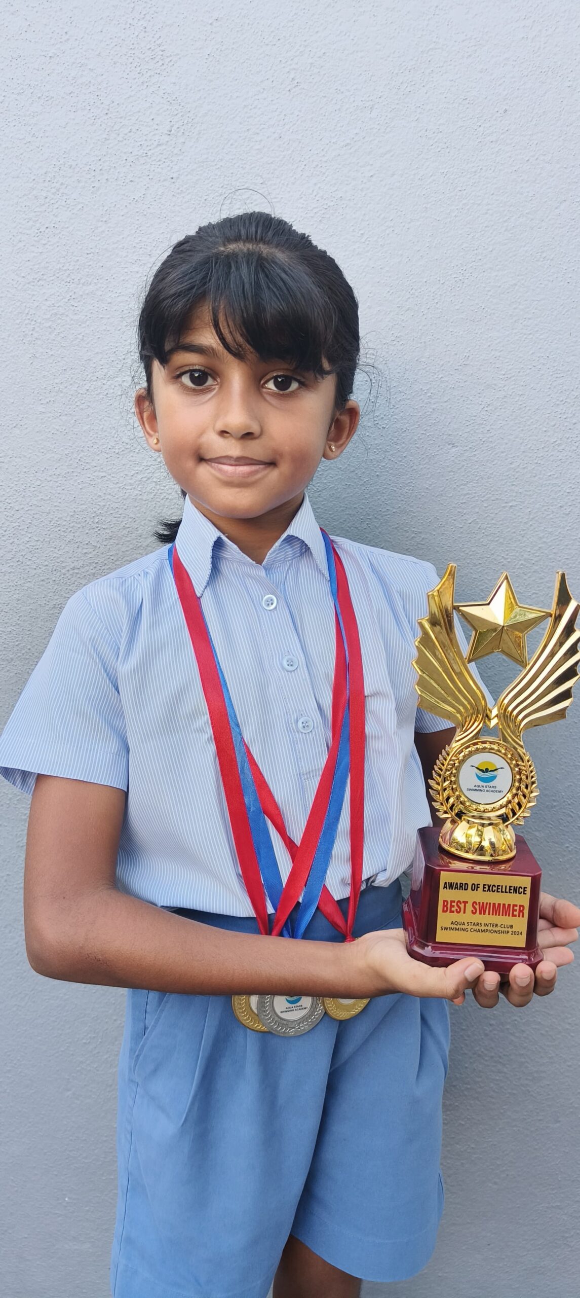 In the Inter-club Swimming Championship held by Aqua Star Swimming Academy at Redwoods Resort, ECR on  1.9.2024  Dhiya Ashwin of 3A won 1st place in 25m Head Up kicks, 1st place in 25m Head down kicks and 1st place in freestyle.