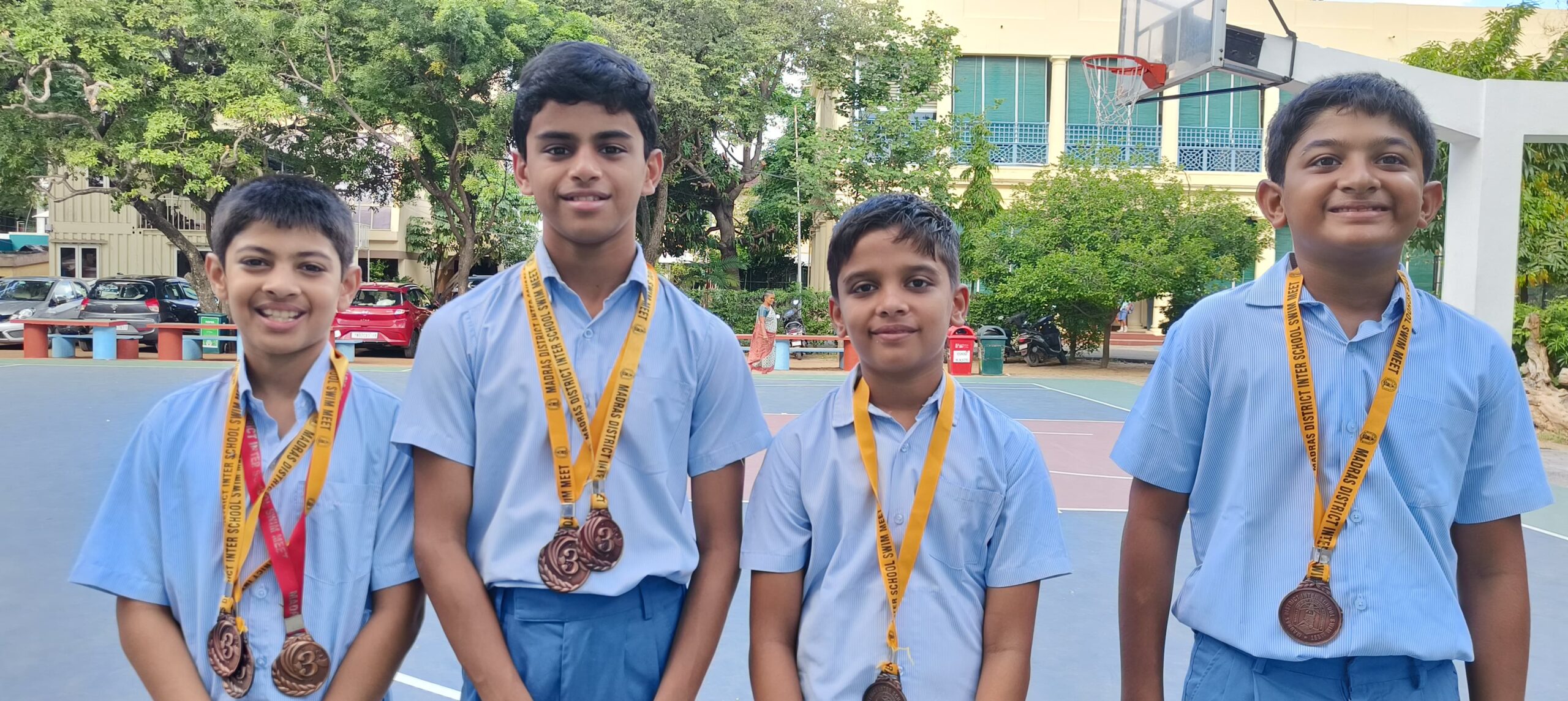 Maanas Gopalan Swamy, Akshat Bhaiya, Samar B & Aryan Varad Vangal won Bronze in the Interschool Swimming Meet in the Medley Relay Junior Boys category conducted by Madras District Aquatic Association at Lady Andal School on 28th & 29th September 2024.
