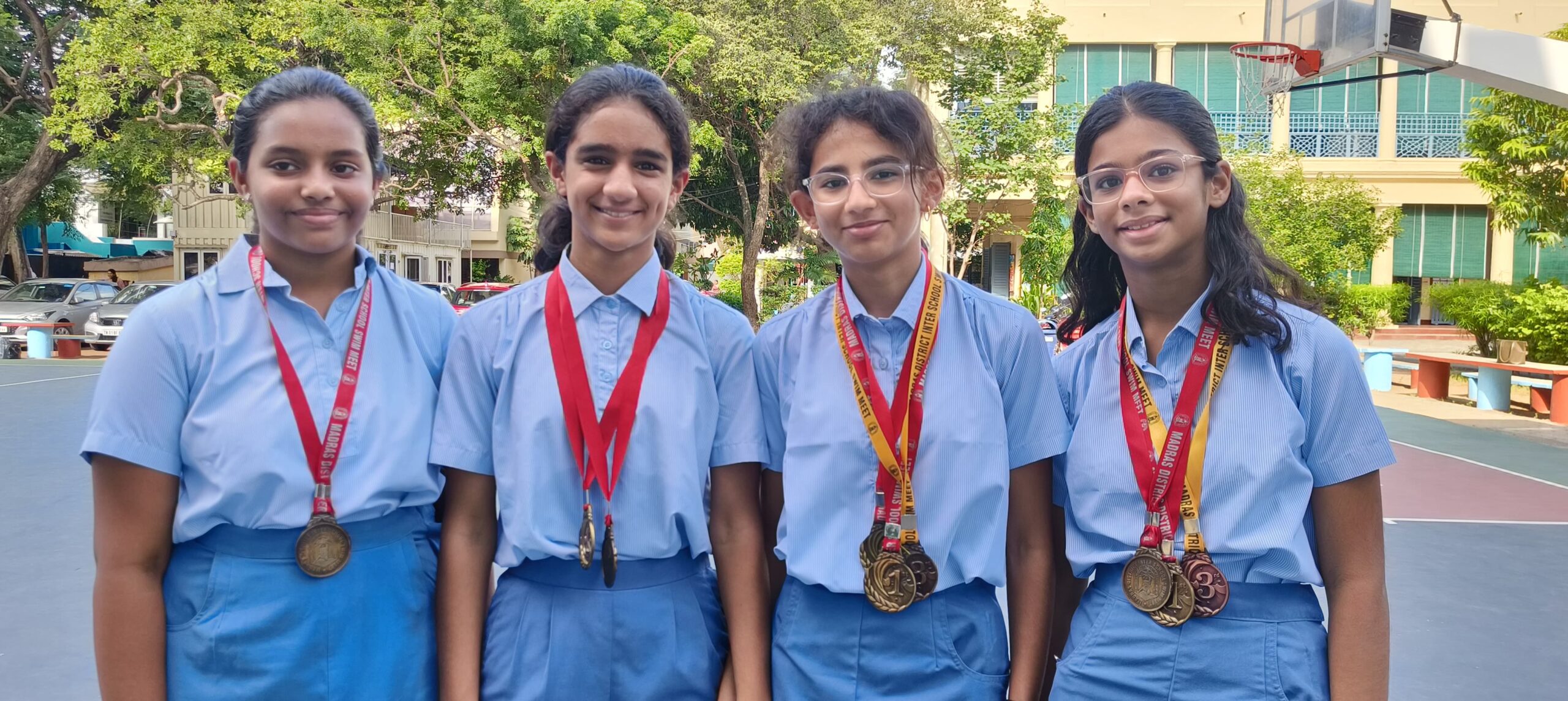 Arianna Clovis Mascarenhas, Aahana Reddy, Kimaya Vishal Parwani & Vaishnavi Krishna won gold in Medley Relay Junior girls & Girls Freestyle relay junior & bronze in girls mixed relay junior in the Interschool