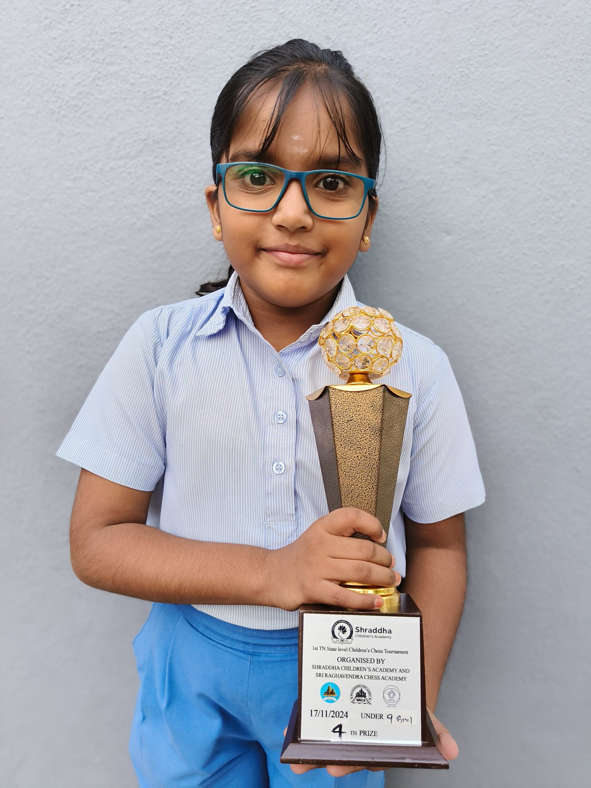 Samanvetha S OF CLASS 4 PLACED 4TH PLACE IN THE TAMILNADU State level children’s chess tournament organised by Raghavendra Chess Academy at Shraddha Children’s Academy