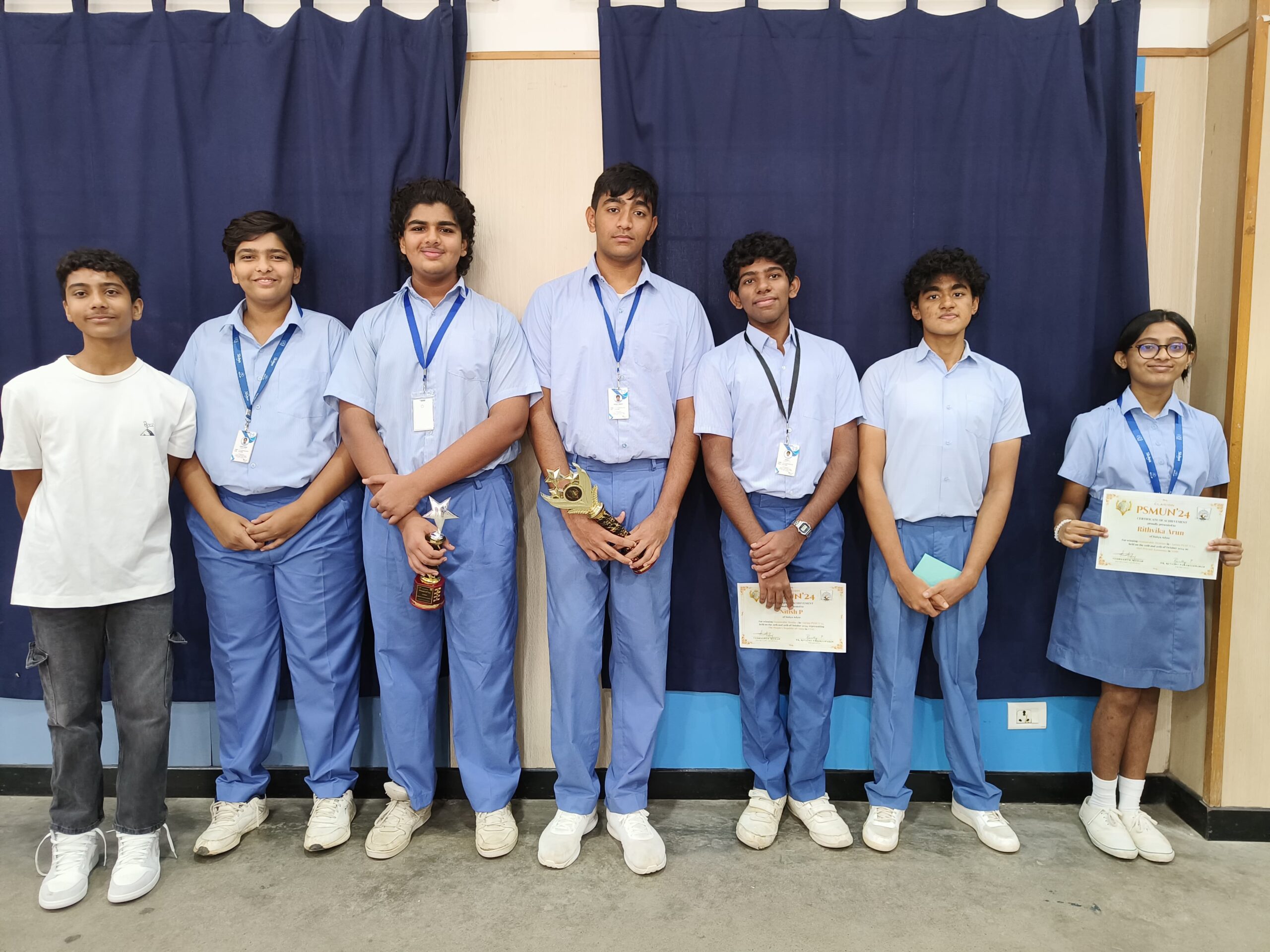 Siddharth Dugar, Kanav Singhi, Mathew Ryan,  Rithvika Arun, Nitish P and Rishabh Narayanan won laurels for the school at the PS MUN 2024 held at PS Senior Secondary School.