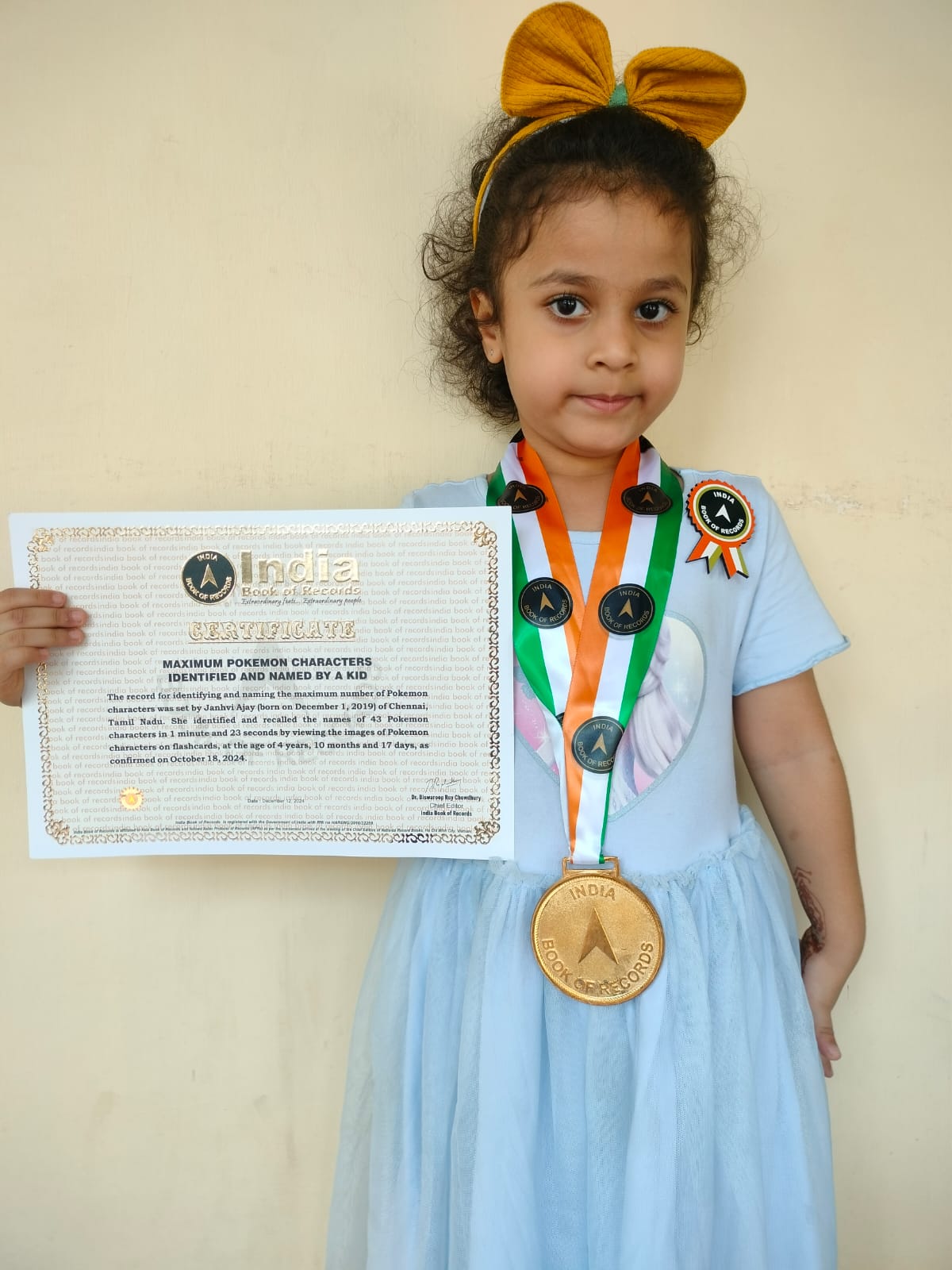 Jaanvi Ajay of UKG was recorded in the Indian Book of World Record for identifying AND RECALLING THE NAMES OF 43 POKEMON CHARACTERS IN 1 MIN AND 23 SECONDS BY VIEWING THE IMAGES FROM FLASH CARDS.