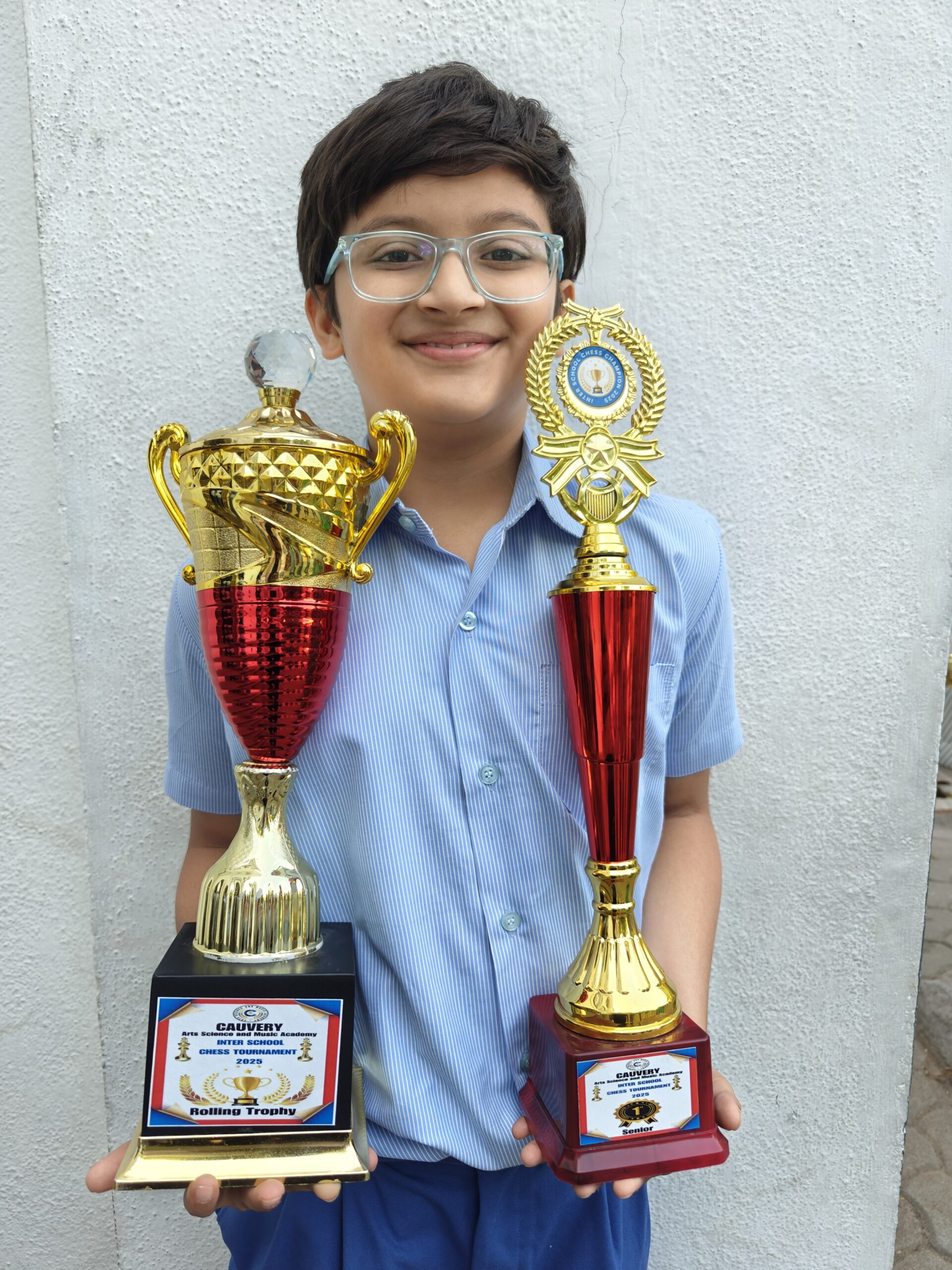 IN THE INTER-SCHOOL CHESS TOURNAMENT ORGANISED BY CAUVERY ARTS AND SCIENCE, HELD AT MUSIC ACADEMY, SURYA WON GOLD IN THE SENIOR CATEGORY. HE ALSO WON A ROLLING TROPHY FOR THE SCHOOL