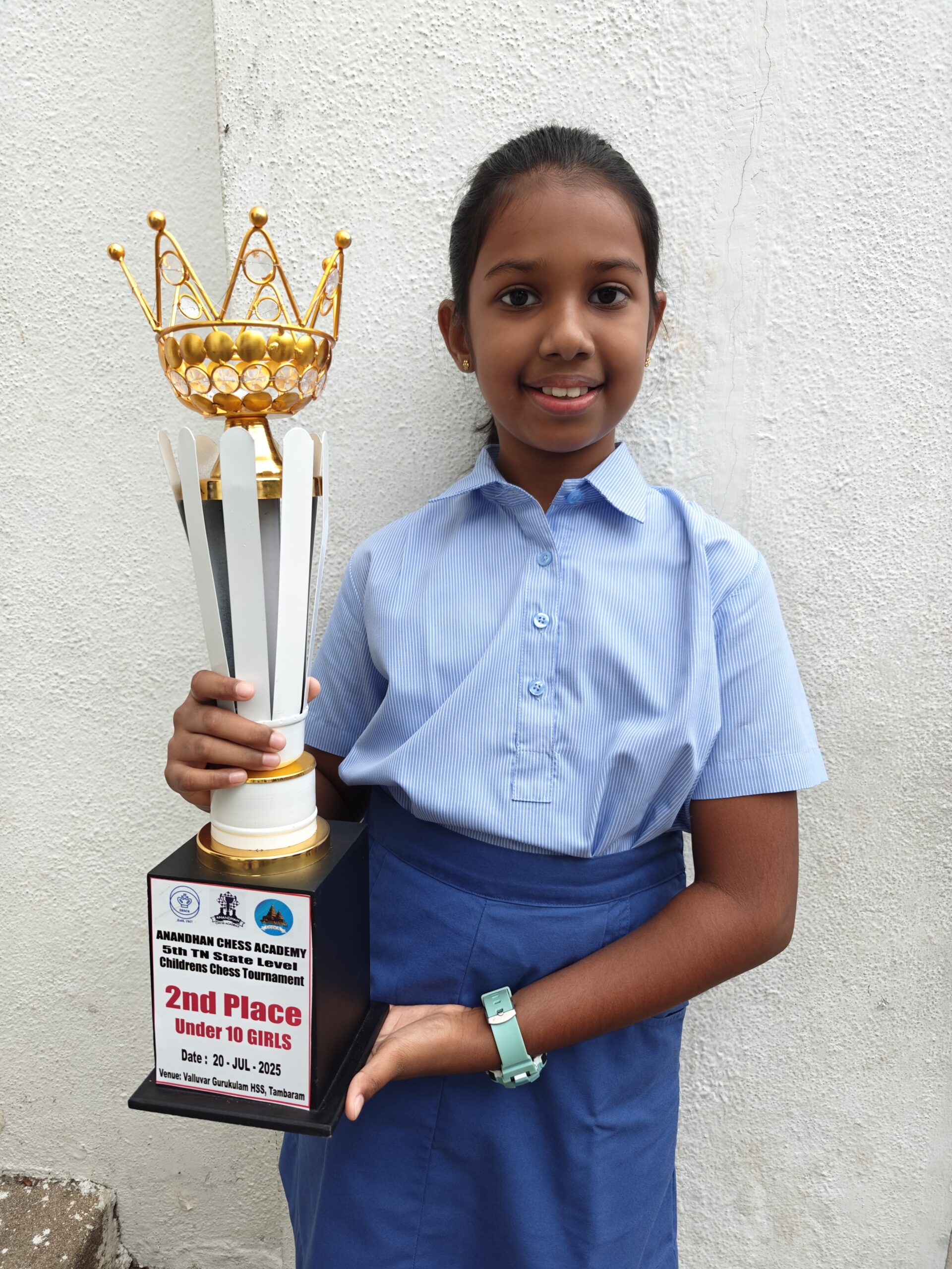 IN THE ANANDHAN CHESS ACADEMY’S 5TH STATE LEVEL CHILDREN CHESS TOURNAMENT HELD ON 20.07.25 AT VALLUVAR GURUKULLAM HIGHER SECONDARY SCHOOL, TAMBARAM, AADHYA RAJIV OF CLASS 5 PLACED 2ND AND SCORED 4 OUT OF 5 POINTS IN THE U-10 CATEGORY