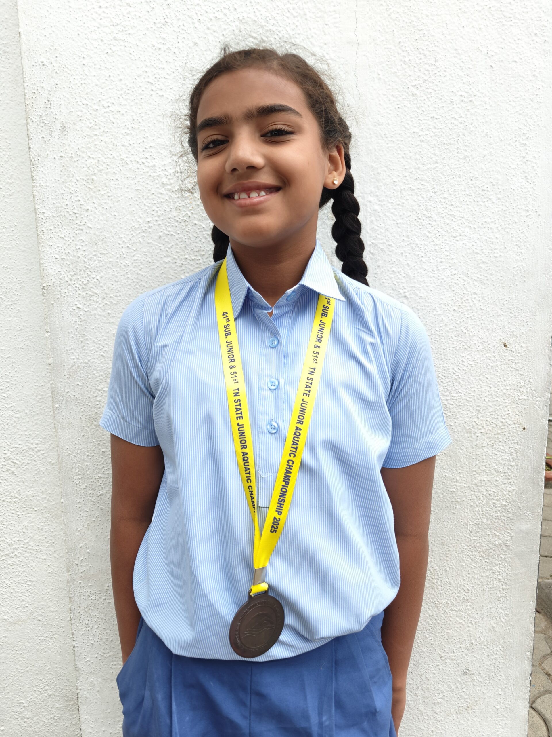 IN THE 41ST SUB JUNIOR AQUATIC CHAMPIONSHIP 2025, HELD AT SDAT AQUATIC COMPLEX, VELACHERRY, FROM 18TH TO 20TH JULY 2025, AADHYA NARRA OF CLASS 5 SECURED 3RD PLACE IN THE 4X50 M FREE STYLE RELAY GIRLS GROUP 4