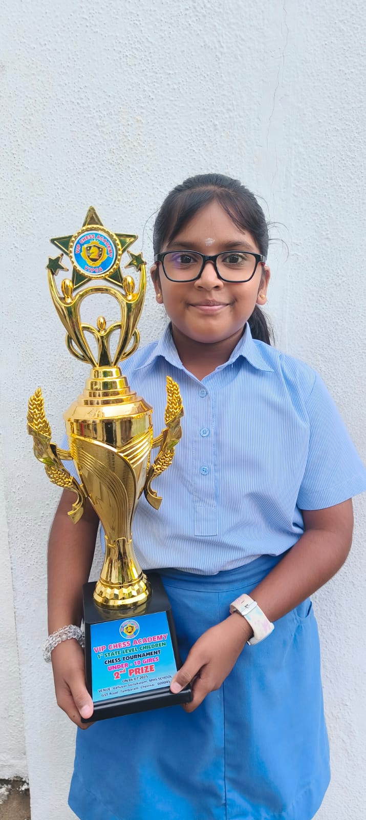 S. SAMANVETHA OF CLASS 5 SECURED 2ND PLACE WITH 4 OUT OF 5 POINTS IN THE U-10 CATEGORY  IN THE STATE LEVEL CHESS TOURNAMENT CONDUCTED BY VIP CHESS ACADEMY OF CHENGALPET DISTRICT