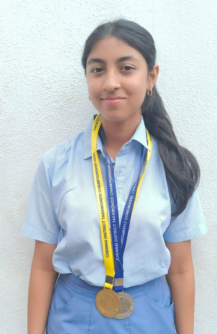IN THE CHENNAI DISTRICT TAEKWONDO CHAMPIONSHIP-2025 CONDUCTED BY CHENNAI TAEKWONDO DEFENCE ASSOCIATION, HELD AT ICF PALANISAMY MULTI SPORTS HALL, CHENNAI, SUHANI SRISRIMAL OF TAEKWONDO ART & EXCELLENCE WON – A GOLD MEDAL IN POOMSAE UNDER THE JUNIOR CATEGORY. – A SILVER MEDAL IN KYORUGI UNDER THE 46 – JUNIOR CATEGORY.