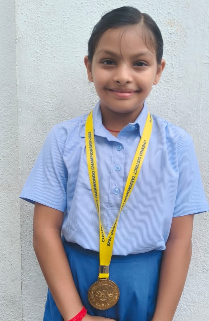 IN THE CHENNAI DISTRICT TAEKWONDO CHAMPIONSHIP-2025, CONDUCTED BY CHENNAI Taekwondo DEFENCE ASSOCIATION, TASHVI NITIN OF TAEKWONDO ART & EXCELLENCE WON A GOLD MEDAL IN THE KYORUGI PEE-WEE UNDER 30 CATEGORY. IT WAS HELD AT ICF PALANISAMY MULTI SPORTS HALL, CHENNAI.