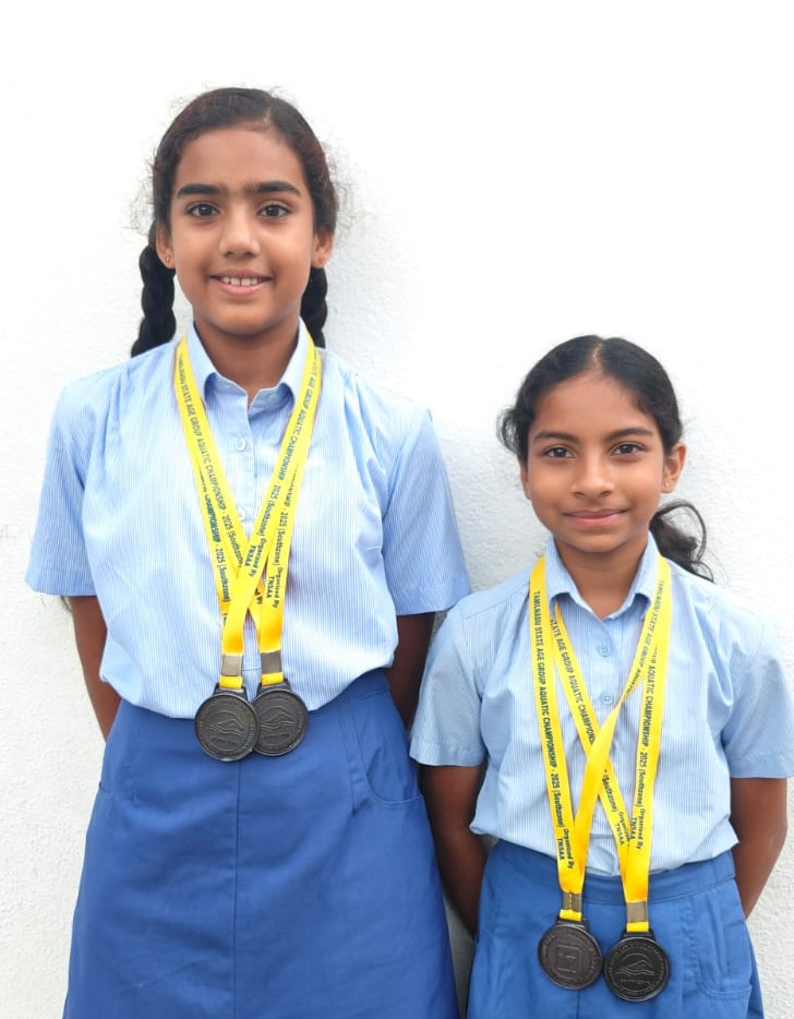 IN THE 36TH STATE LEVEL SOTH ZONE AQUATIC CHAMPIONSHIP 2025 HELD BY TAMIL NADU AQUATIC ASSOCIATION,  AADYA NARRA AND HRITVI REDDY MANNEM WON THE 3RD PLACE IN THE 4 X 50M RELAY AND THE 4 X 50M MEDLEY RELAY IN THE GROUP 4 CATEGORY.
